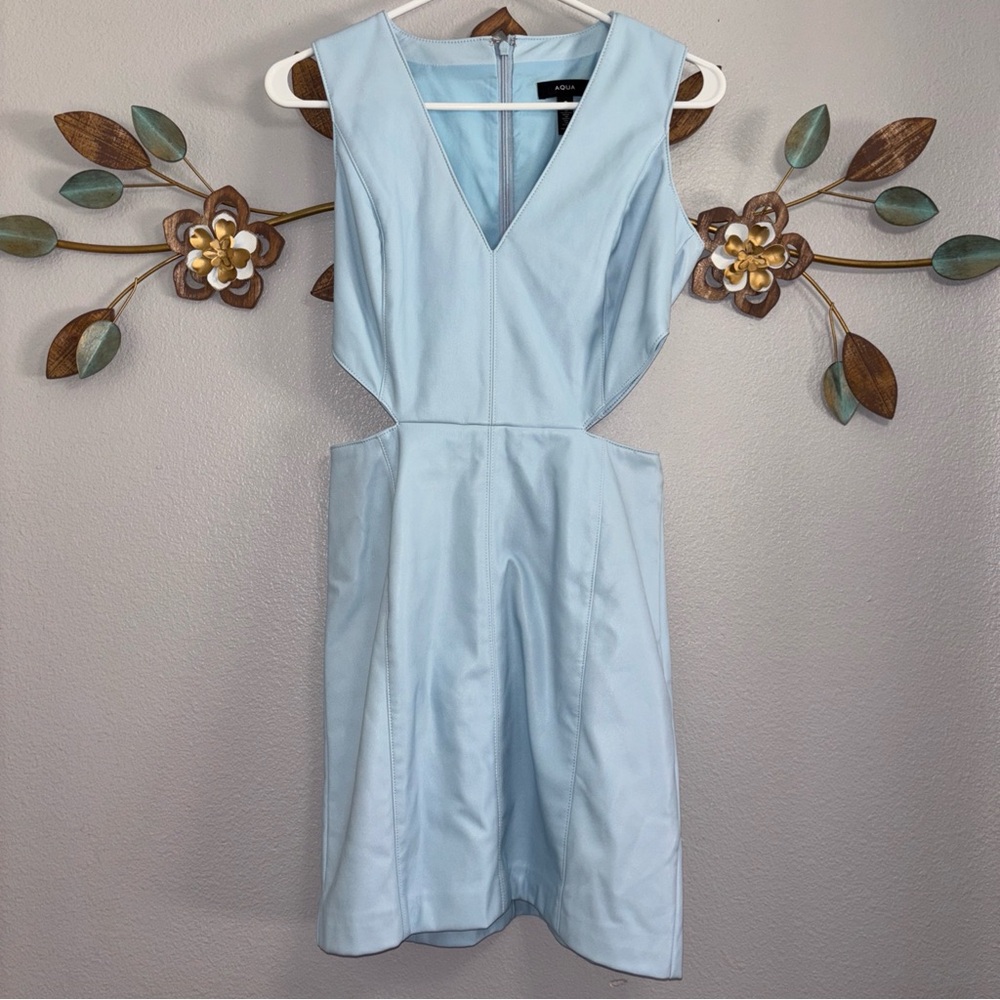 Aqua Womens  Blue Faux Leather V-Neck Side Cutout Mini Dress Size XS NWOT